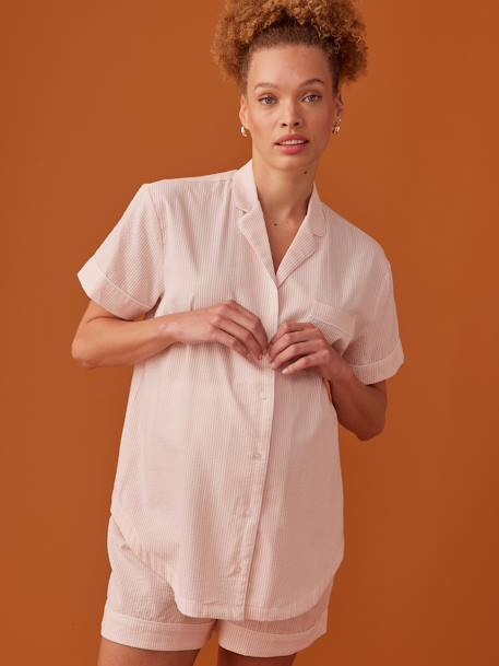Pijama corto a rayas de seersucker para embarazo ENVIE DE FRAISE rosa maquillaje 