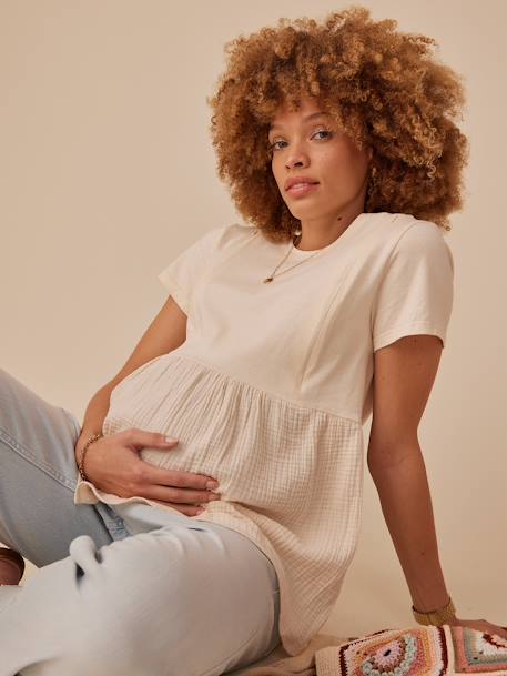 Camiseta para embarazo de dos tejidos ENVIE DE FRAISE beige arena+teja 