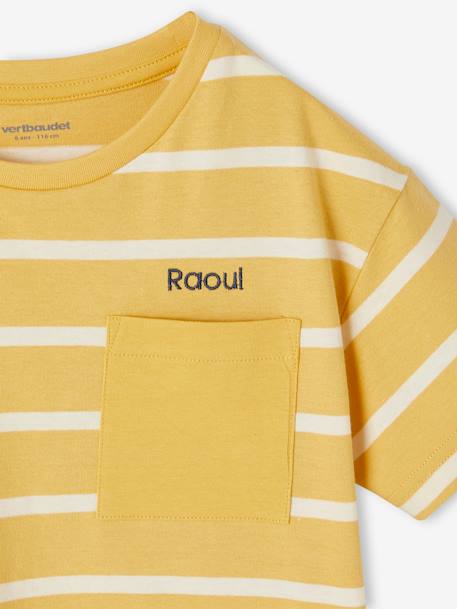 Camiseta a rayas personalizable para niño ocre+verde agua 