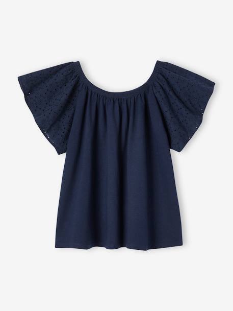 Camiseta para niña con mangas de bordado inglés azul marino+crudo 