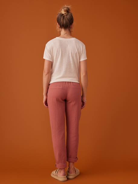 Pantalón para embarazo de gasa de algodón estilo paperbag ENVIE DE FRAISE beige arena+rosa viejo 