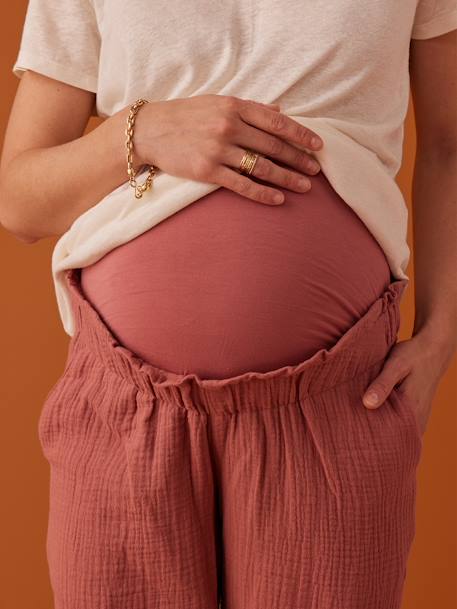 Pantalón para embarazo de gasa de algodón estilo paperbag ENVIE DE FRAISE beige arena+rosa viejo 
