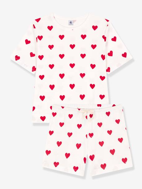 Pijama con short corazón de algodón para mujer PETIT BATEAU blanco 