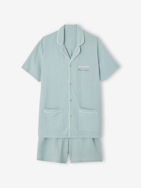 Pijama con short de gasa de algodón para hombre verde sauce 