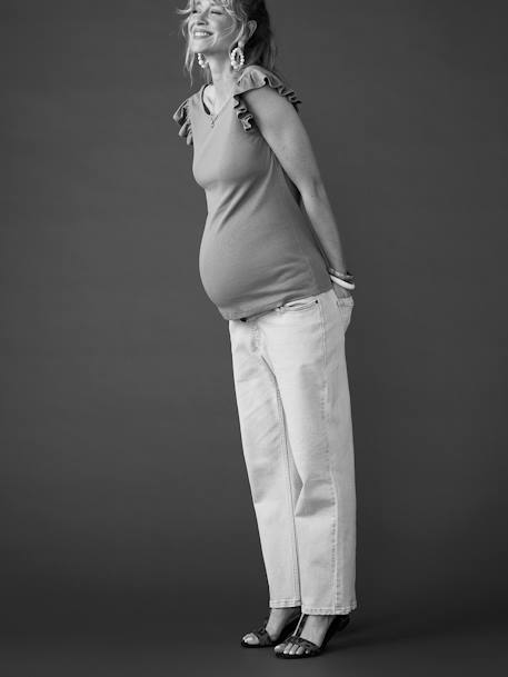 Camiseta para embarazo de canalé con mangas cortas con volantes ENVIE DE FRAISE caqui+negro 