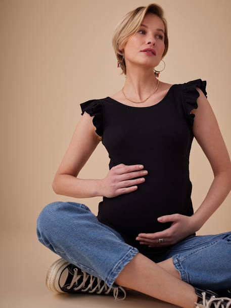 Camiseta para embarazo de canalé con mangas cortas con volantes ENVIE DE FRAISE caqui+negro 