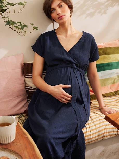 Vestido largo para embarazo de gasa de algodón ENVIE DE FRAISE arcilla+azul marino 