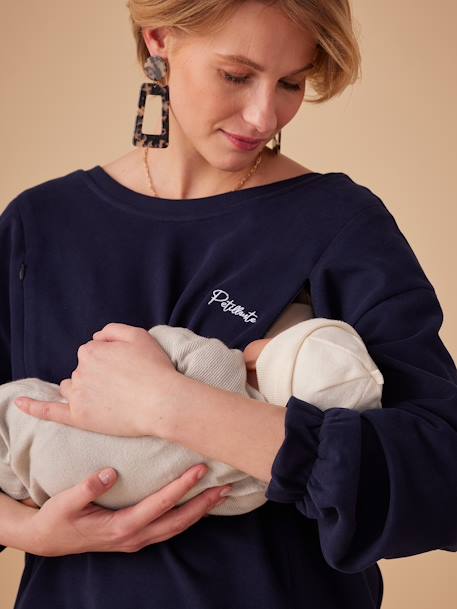 Sudadera para embarazo bordado 'pétillante' de algodón orgánico ENVIE DE FRAISE azul marino 