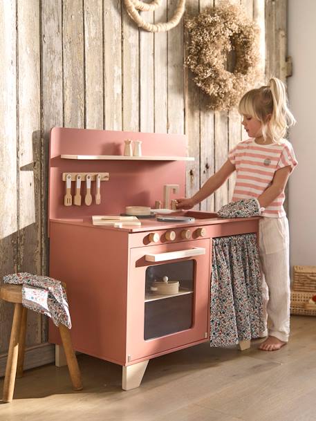 Cocinita equipada con cortina de madera FSC® BLANCO MEDIO LISO+rosa frambuesa 