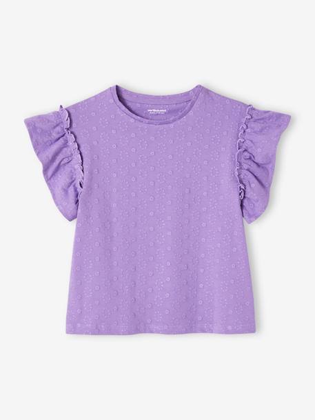 Camiseta bordada con flores y mangas con volante para niña violeta 