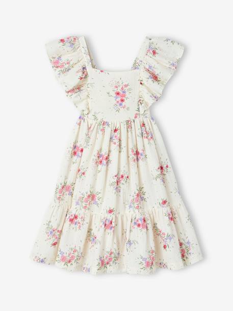 Vestido con flores de gasa de algodón para niña crudo 