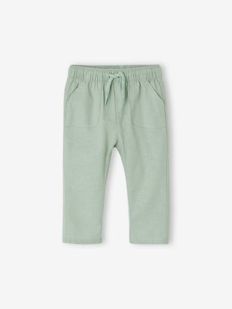 Pantalón para bebé niña de lino y algodón gris perla+verde sauce 