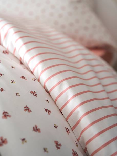 Pack funda nórdica + funda de almohada básicos reversible FLORES RAYAS, con algodón reciclado rosa estampado 