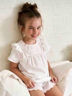 -Pijama con short niña de gasa de algodón plumetis y bordado inglés