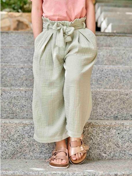 Pantalón pesquero ancho de gasa de algodón estilo «paperbag» para niña crudo+rosa viejo+verde sauce 