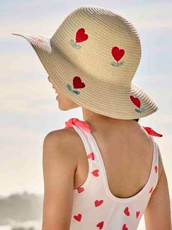 Sombrero forma capelina aspecto paja con corazones para niña