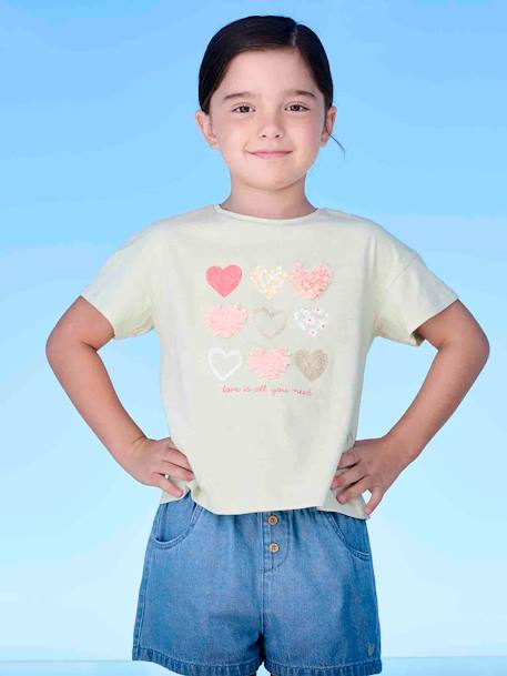 Camiseta con motivo con flecos y detalles irisados para niña albaricoque+azul claro+rayas azul marino+tinta+verde almendra 