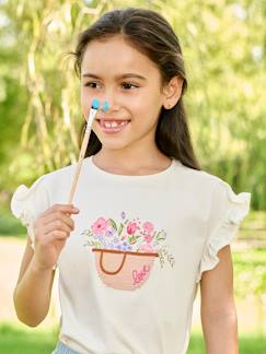 Niña-Camiseta bordada para niña de manga corta con volantes