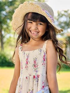 Niña-Sombrero aspecto paja efecto ganchillo con lazo estampado para niña