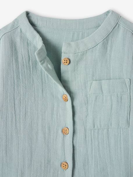 Camisa cuello mao de gasa de algodón, personalizable, para bebé azul grisáceo+caramelo+VERDE OSCURO LISO 
