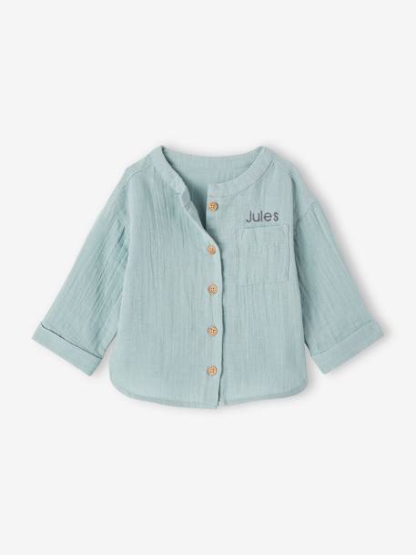 Camisa cuello mao de gasa de algodón, personalizable, para bebé azul grisáceo+caramelo+crudo+VERDE OSCURO LISO 