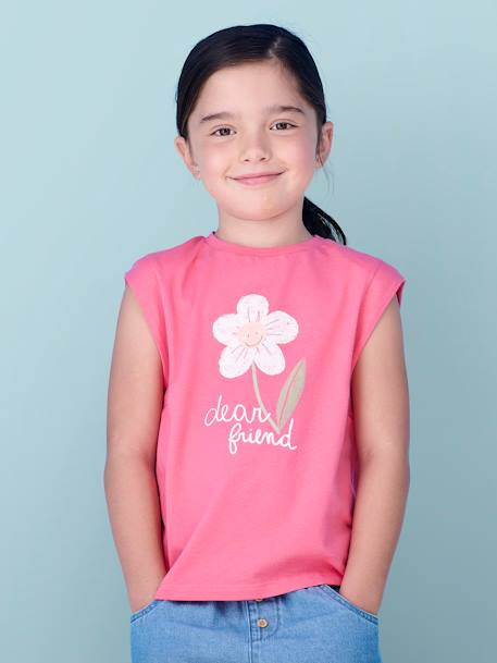 Camiseta con motivo de ave del paraíso y mangas hasta los hombros para niña crudo+rosa chicle 
