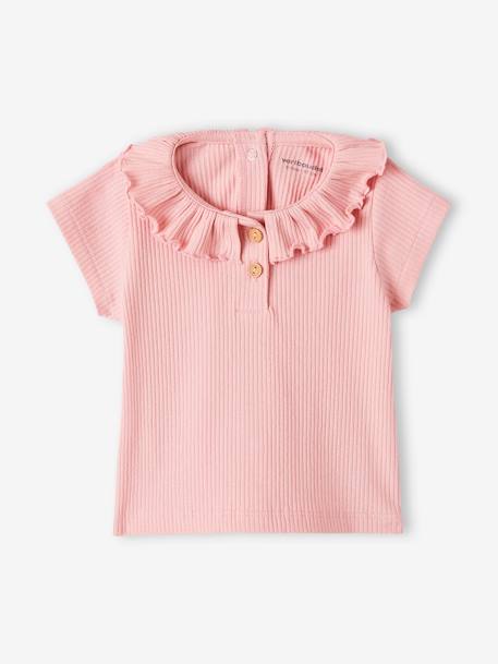 Camiseta de bebé de canalé con cuello crudo+rosa 