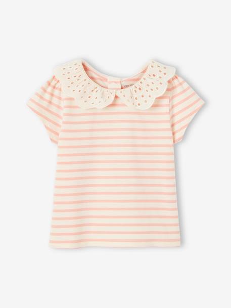 Camiseta a rayas con cuello de bordado inglés para bebé niña