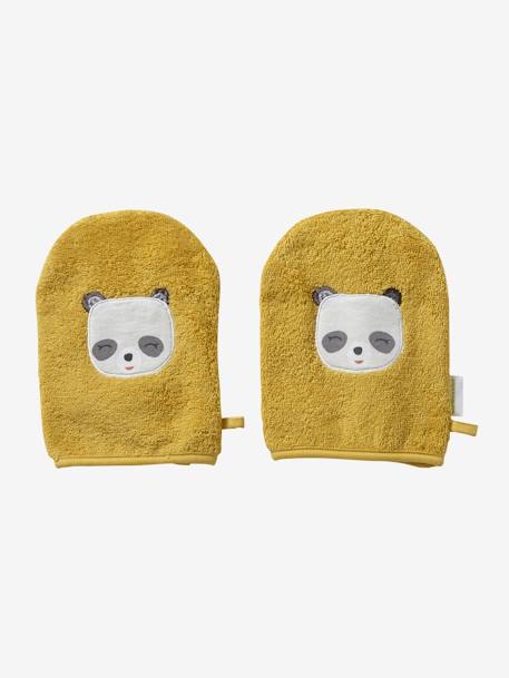 Pack de 2 manoplas de baño Panda Amarillo oscuro liso con motiv+VERDE MEDIO LISO CON MOTIVOS 