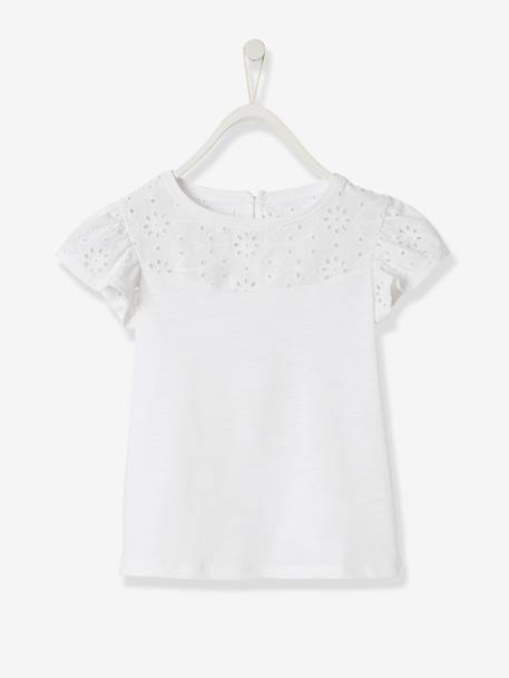 Camiseta para niña con bordado inglés y mangas con volantes AZUL MEDIO LISO+Blanco claro liso+fucsia+malva+VERDE CLARO LISO 