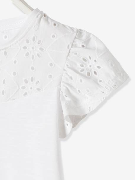 Camiseta para niña con bordado inglés y mangas con volantes AZUL MEDIO LISO+Blanco claro liso+fucsia+malva+VERDE CLARO LISO 